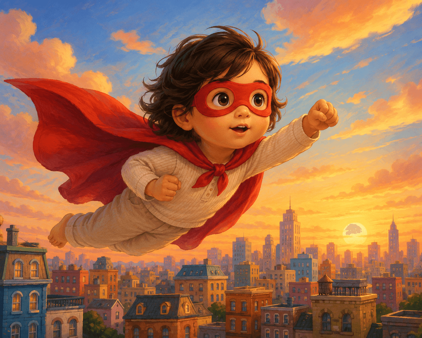 A joyful superhero child with a red cape and mask flies over a city at sunset.