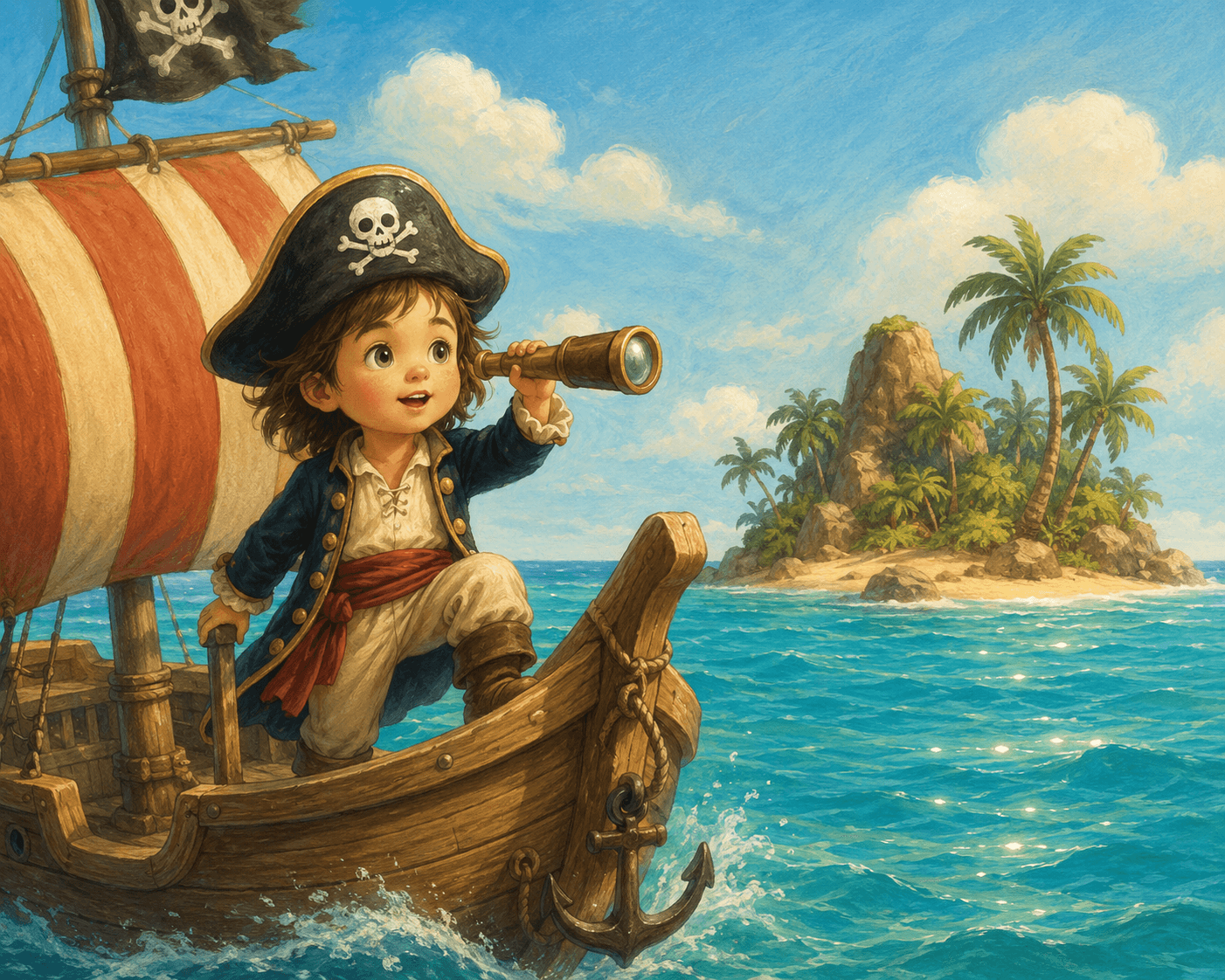A young pirate child on a boat uses a telescope, sailing towards a tropical island.