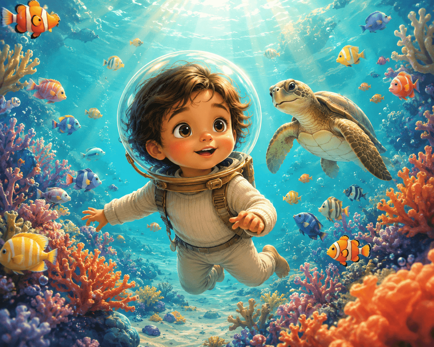 Child in diving helmet swimming with sea turtle, colorful fish, and coral.