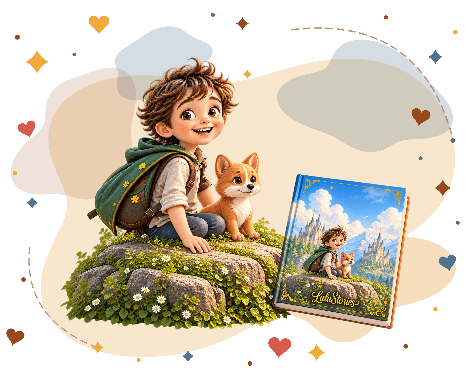 A cheerful cartoon boy and his corgi dog sit by an illustrated storybook.