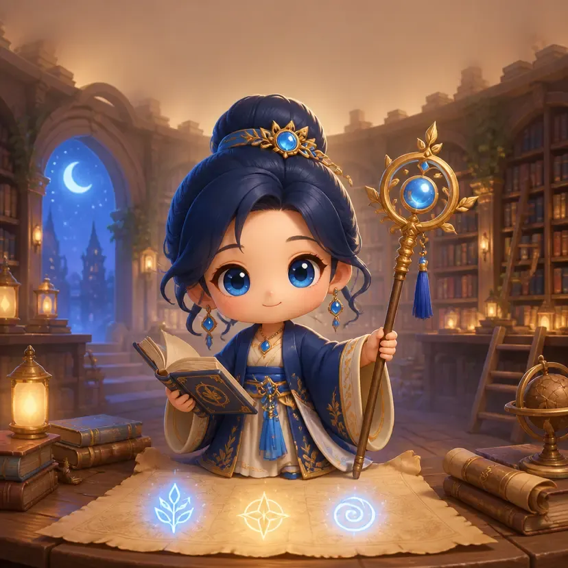 Chibi sorceress in blue robe holds a glowing book and staff in an enchanted library.
