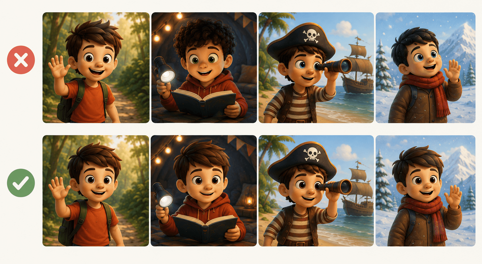 Grid comparing two sets of AI-generated images of a boy in adventure scenes.