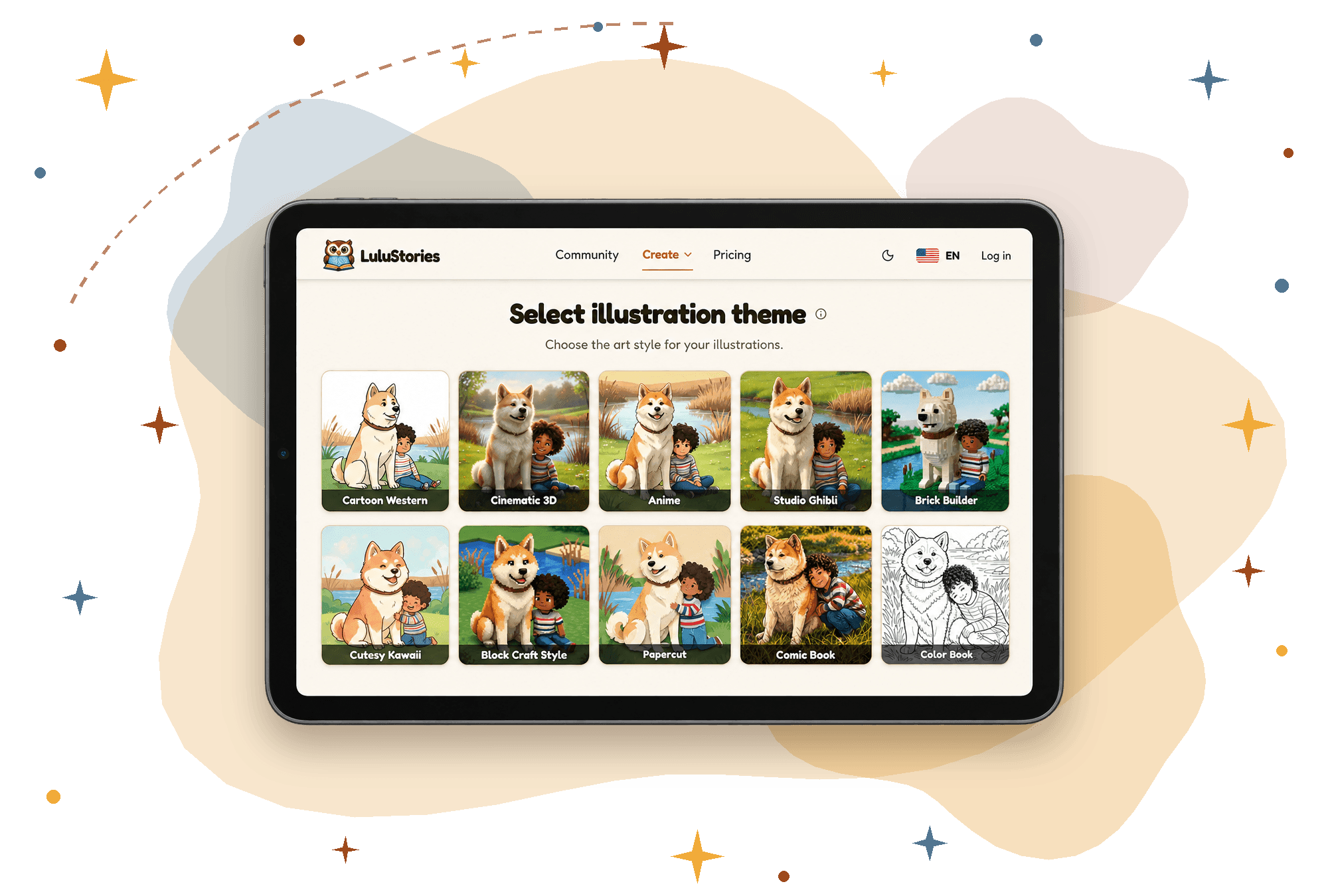 Tablet screen displays LittleRipples app for selecting illustration themes featuring Shiba Inu dogs.