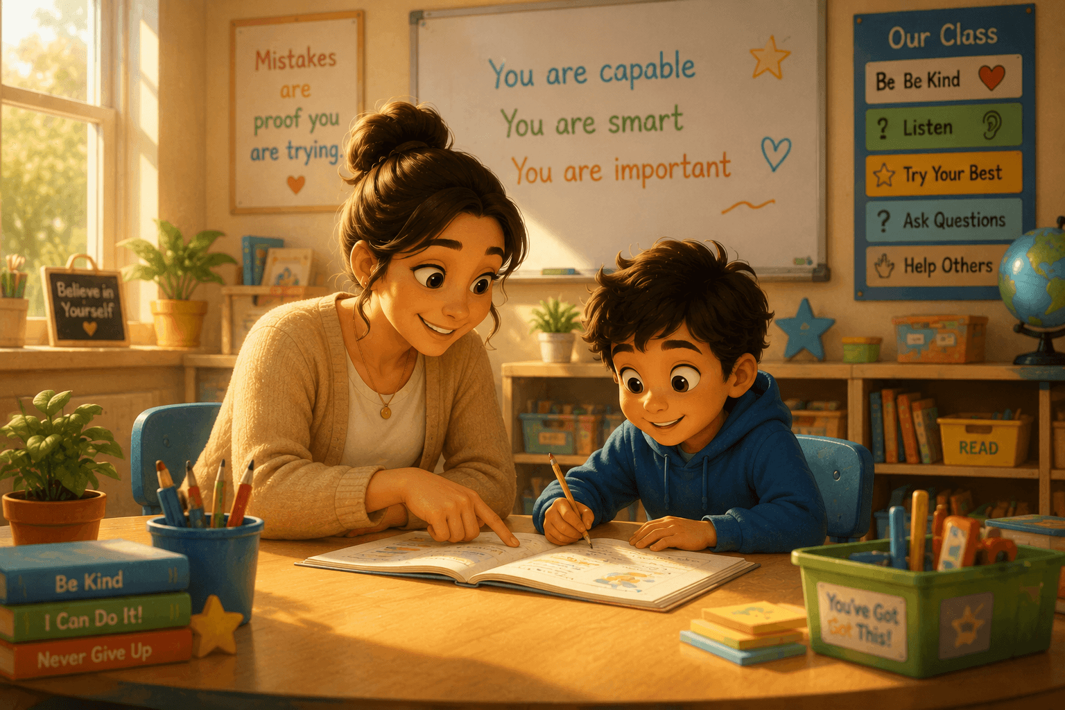 A kind teacher helps a young student write in a book at a sunny classroom desk.