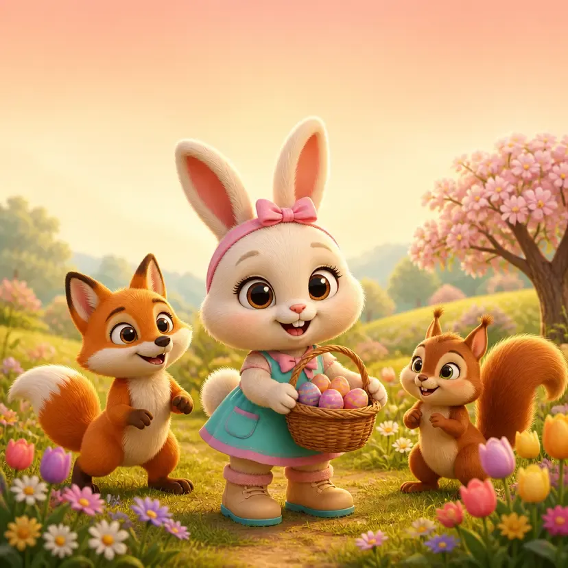 Cute bunny with Easter eggs, fox, and squirrel in a cheerful spring field.