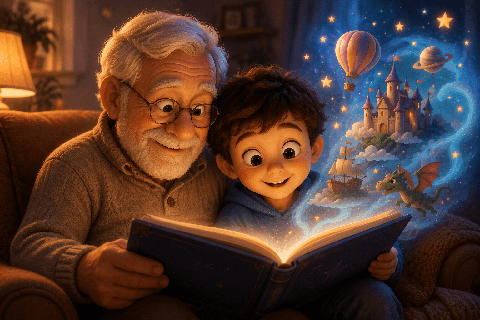 Grandfather and grandson read a glowing storybook, bringing a magical fantasy world to life.