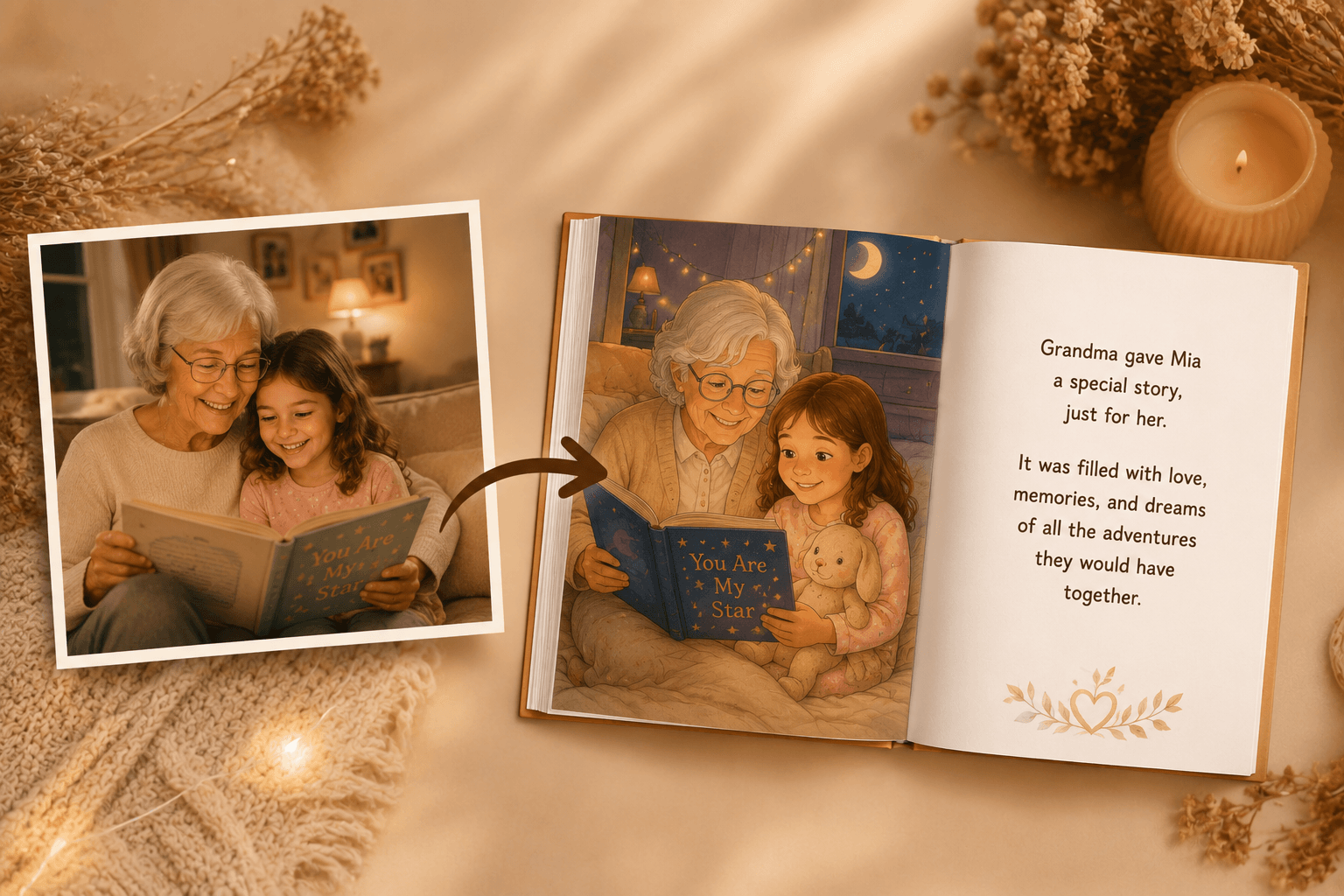 Photo of grandmother and girl reading a book, transforming into an illustrated storybook scene.