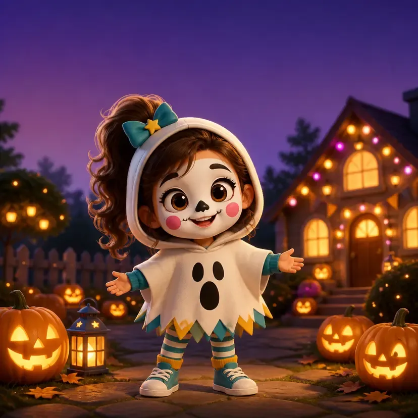 Adorable animated girl dressed as a friendly ghost, standing among glowing Halloween decorations.