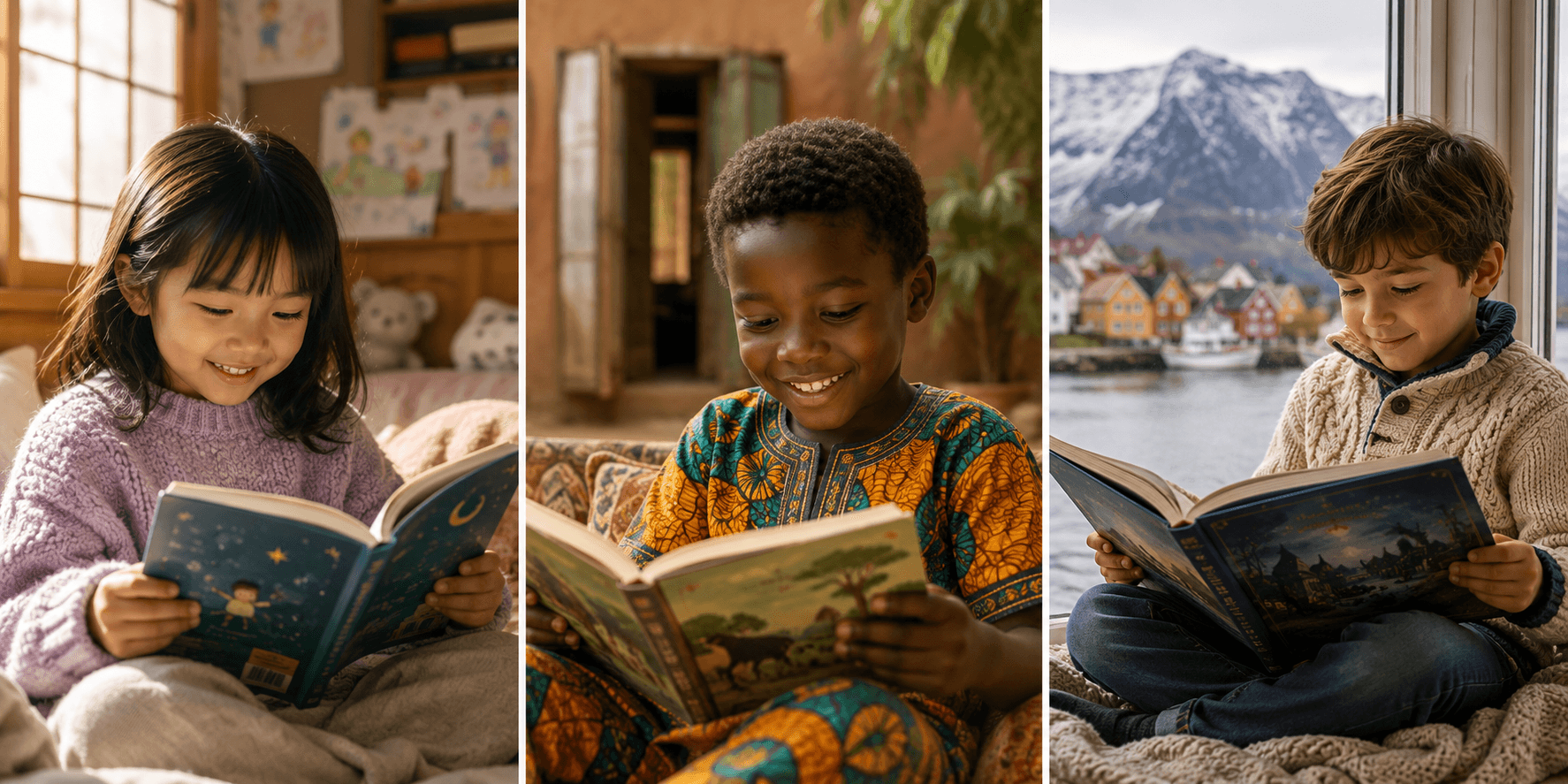 Three diverse children from different backgrounds smiling while engrossed in reading books.