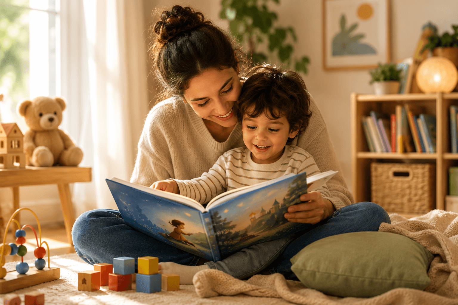 Smiling mother and child reading a picture book together in a warm, cozy room.