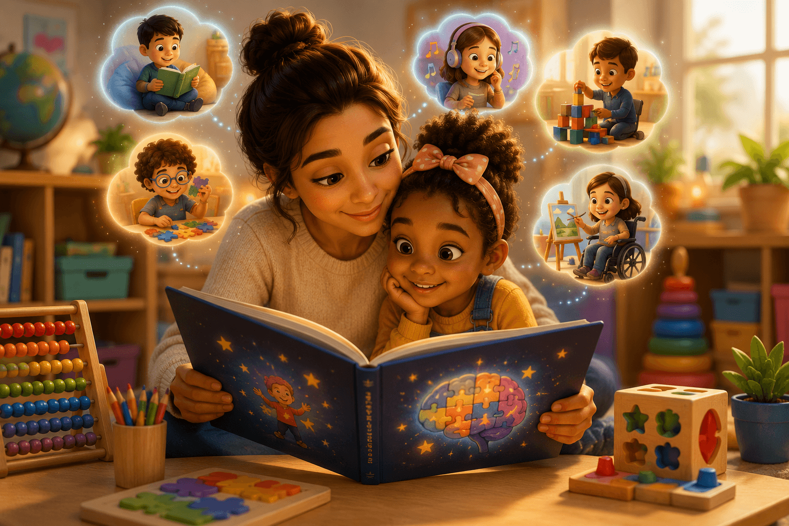A woman and a girl read a book with thought bubbles showing diverse kids learning.