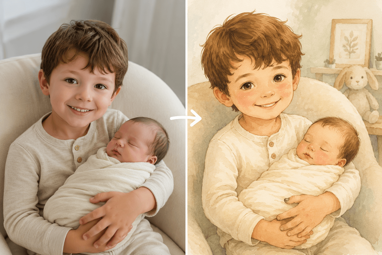 Comparison of a real photo and an animated illustration of a boy holding a baby.