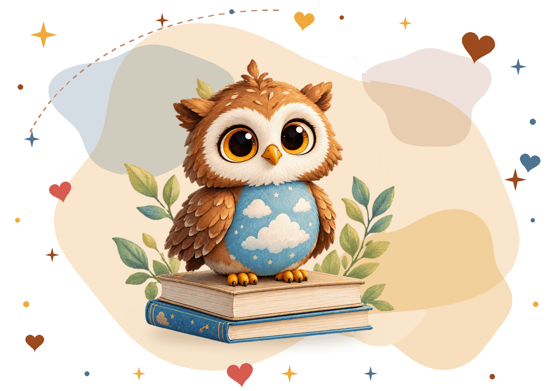A cute cartoon owl with cloud-patterned belly sits on two stacked books, surrounded by leaves.