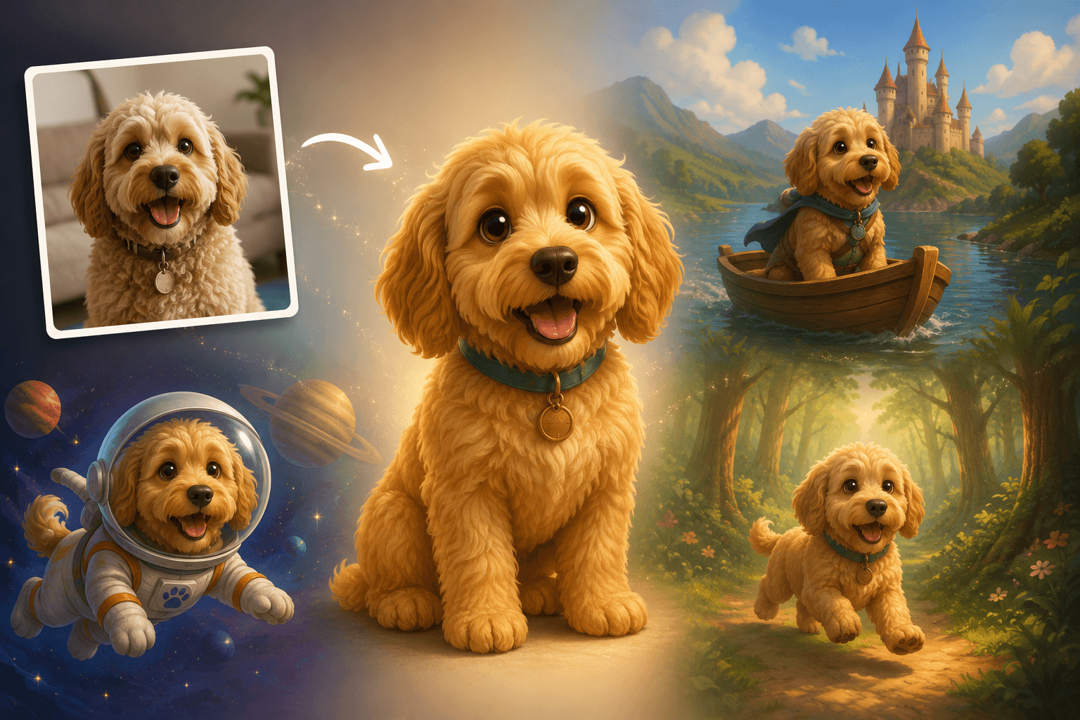 Golden retriever puppy central, surrounded by fantasy and space adventure scenes.