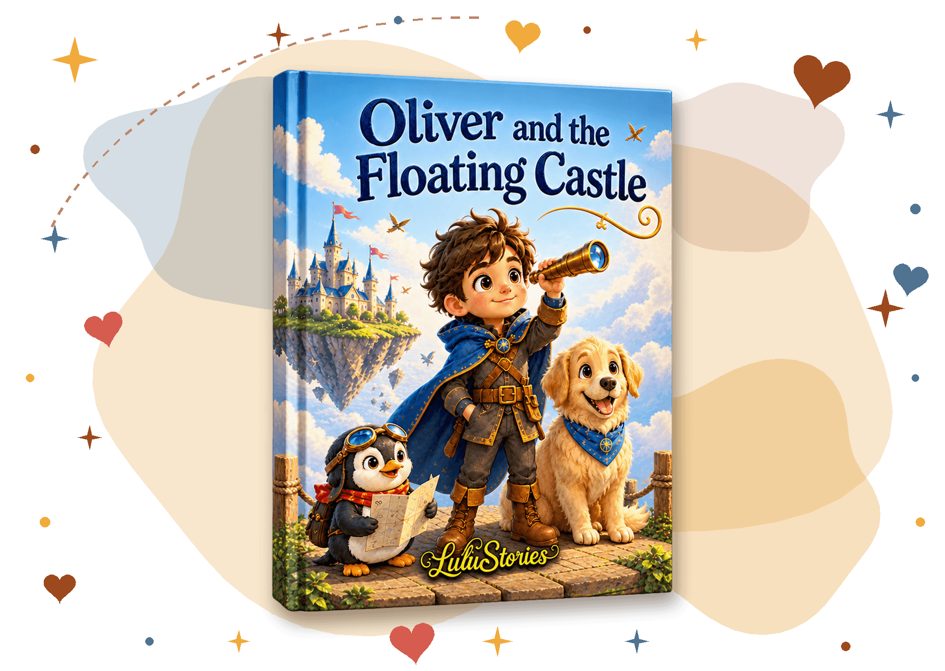 Illustrated book cover for 'Oliver and the Floating Castle' featuring a boy, dog, and penguin.