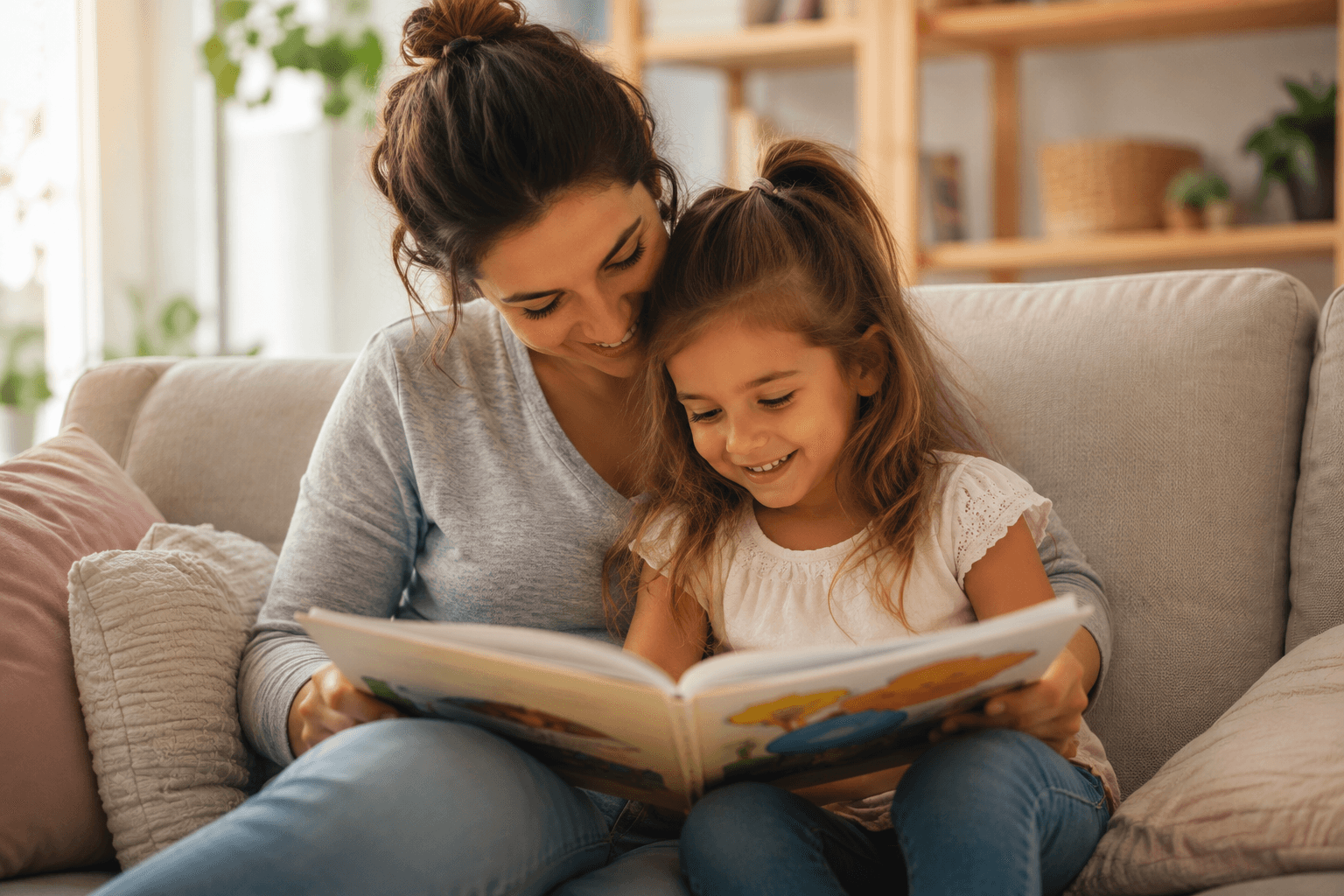A mother and her young daughter happily read a storybook together on a comfortable couch.