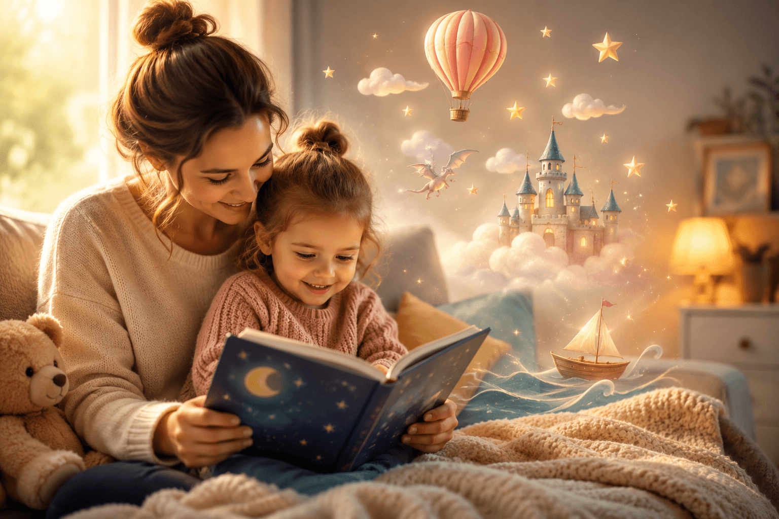 Mother and daughter read a magical storybook together on a cozy bed.
