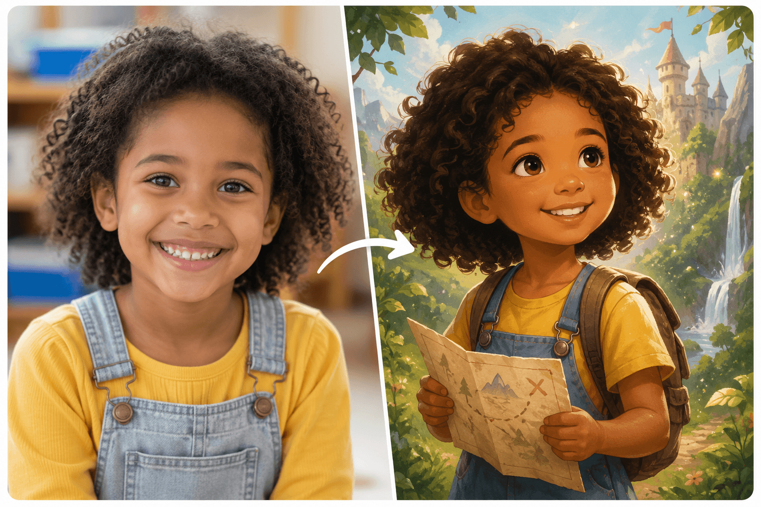 Young Black girl transformed into an animated adventurer holding a map in a fantasy world.