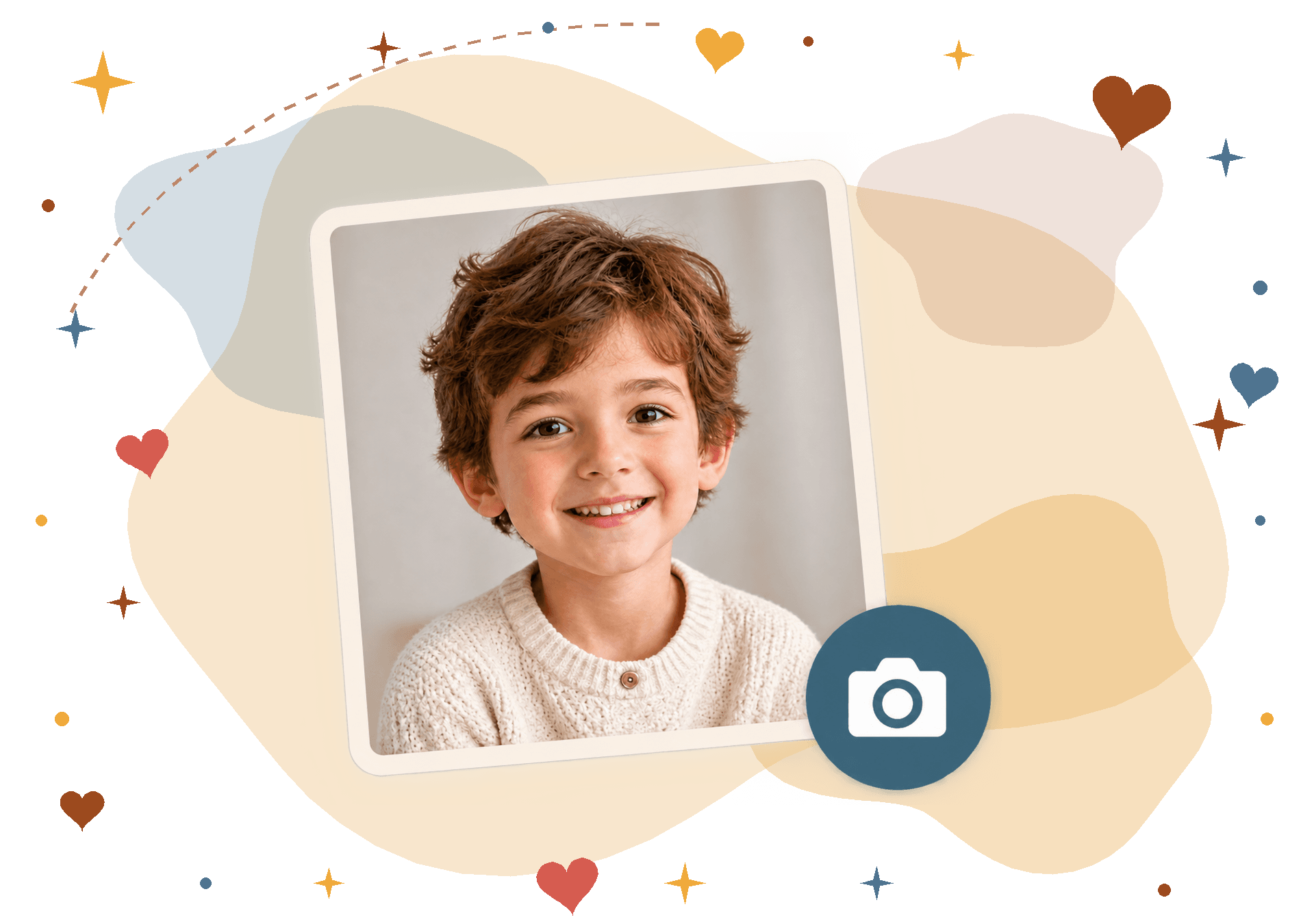 Smiling boy with curly brown hair in a decorative photo frame.