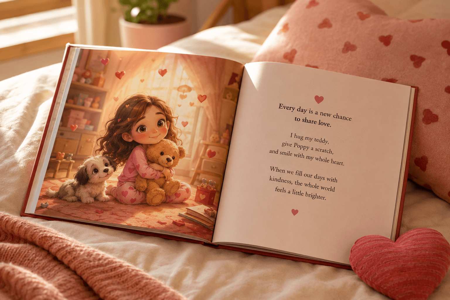 Open children's book on a bed, showing a girl hugging a teddy bear and a puppy.