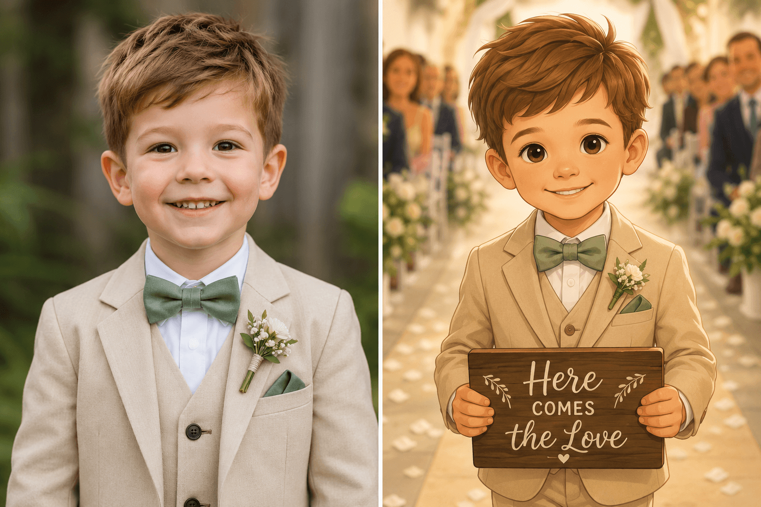 Real photo and AI illustration of a smiling ring bearer in a beige suit.