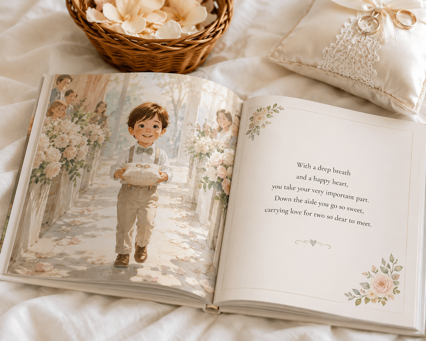 Open storybook showing an illustrated boy ring bearer walking down a flower-lined wedding aisle.